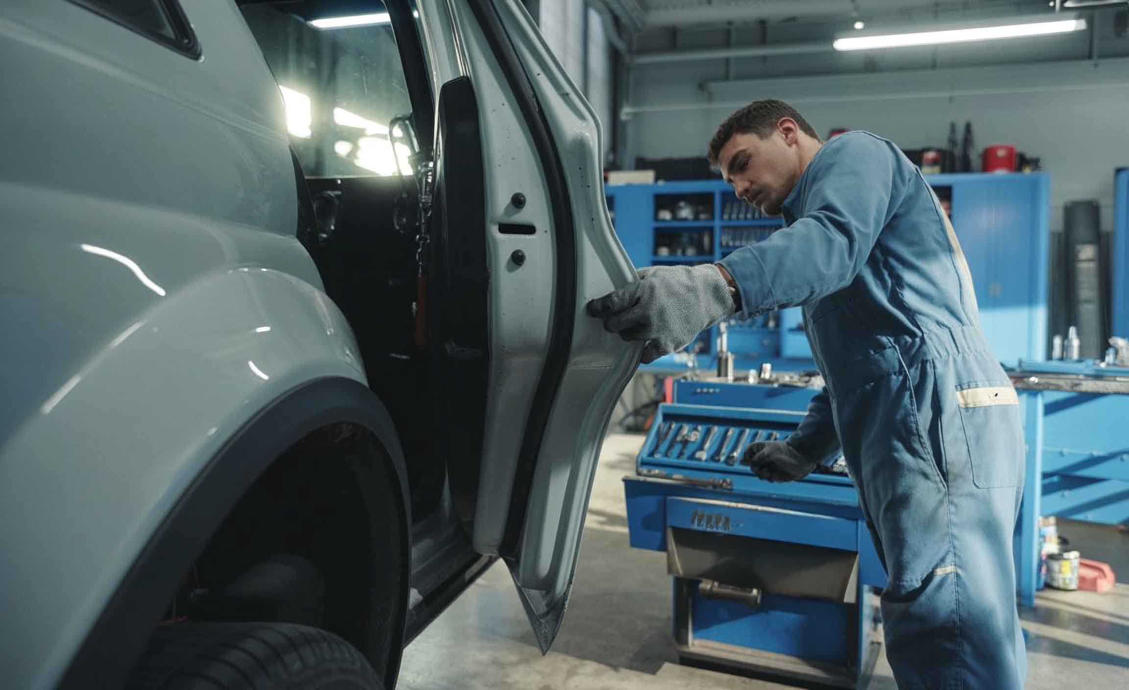 Technician holding rear door of silver suv open while working – chevrolet certified collision center – carrillo and sons collision center Technician holding rear door of silver suv open while working - chevrolet certified collision center - carrillo and sons collision center