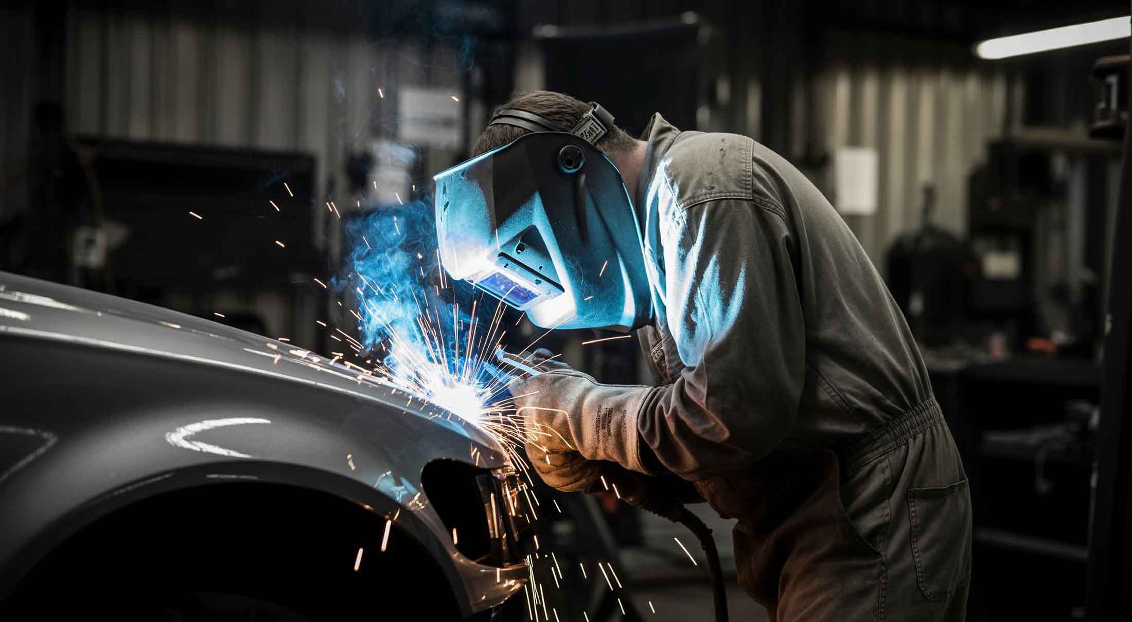 Technician with welding mask on repairing front of silver vehicle - collision repair services - carrillo and sons collision center