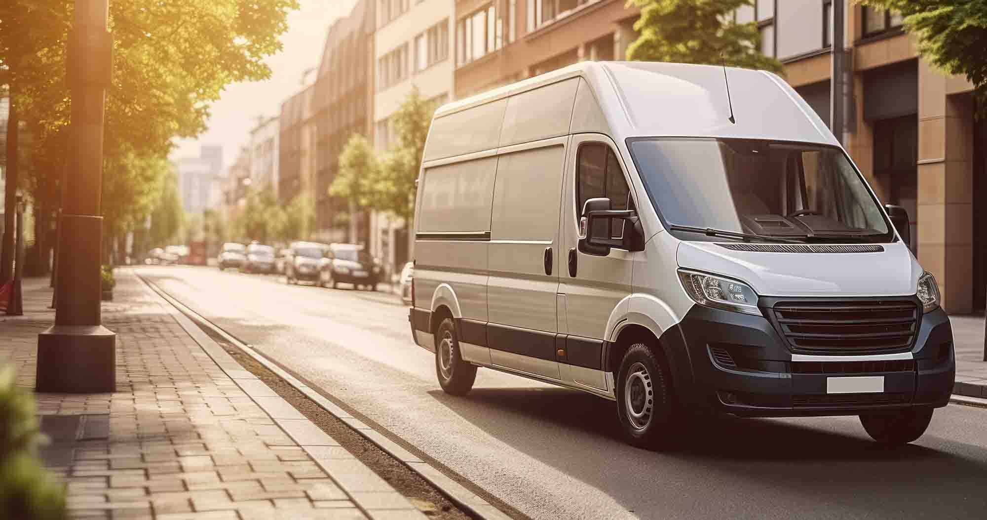 White Fleet van parked in street with sun behind it - fleet repair - carrillo and sons collision center 