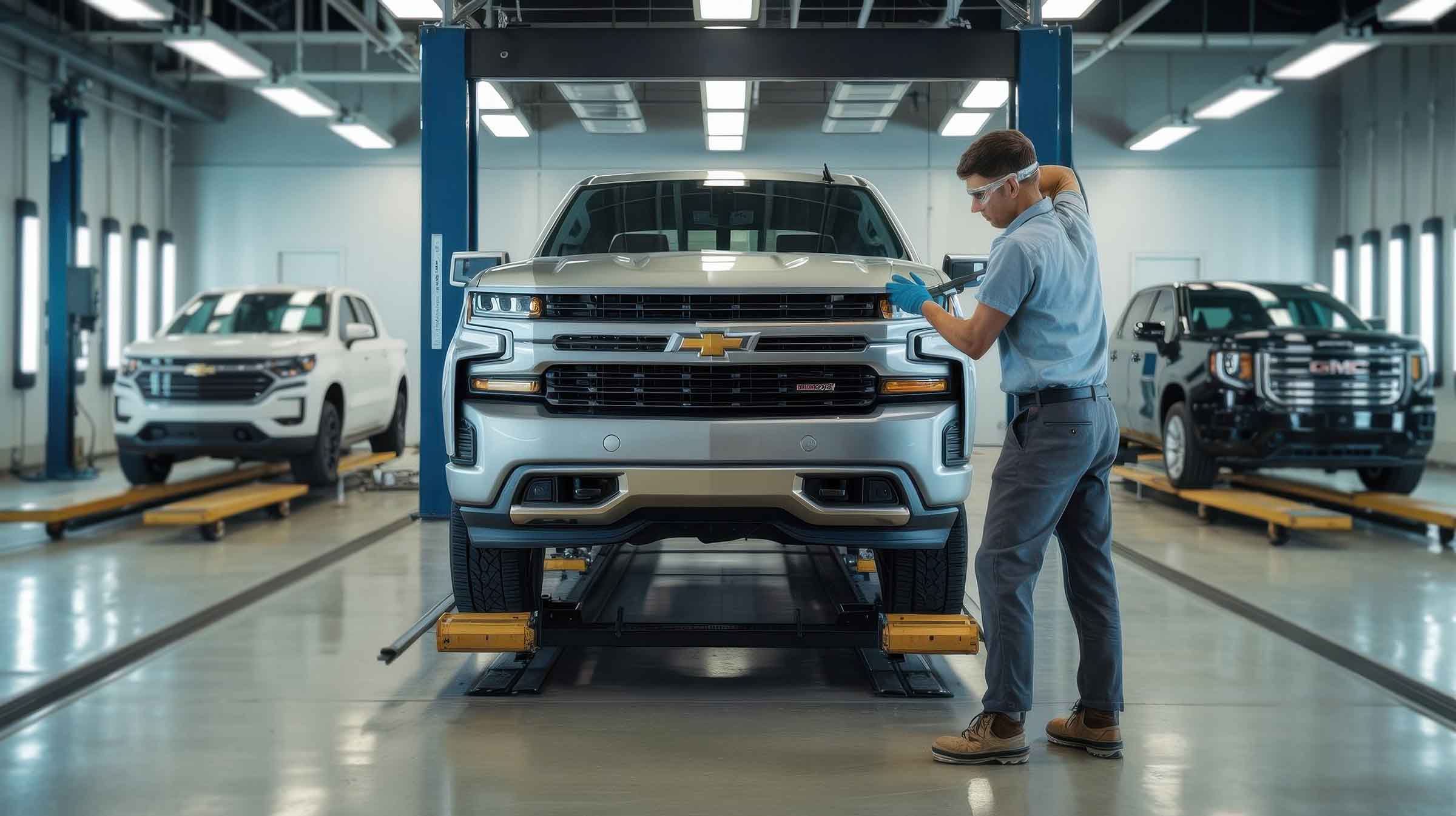 Chevrolet Silverado on Lift being checked out by technician – chevrolet certified collision center – carrillo and sons collision center Chevrolet Silverado on Lift being checked out by technician - chevrolet certified collision center - carrillo and sons collision center