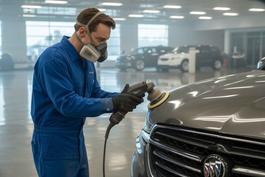 Technician using orbital sander on hood of vehicle - chevrolet certified collision center - carrillo and sons collision center