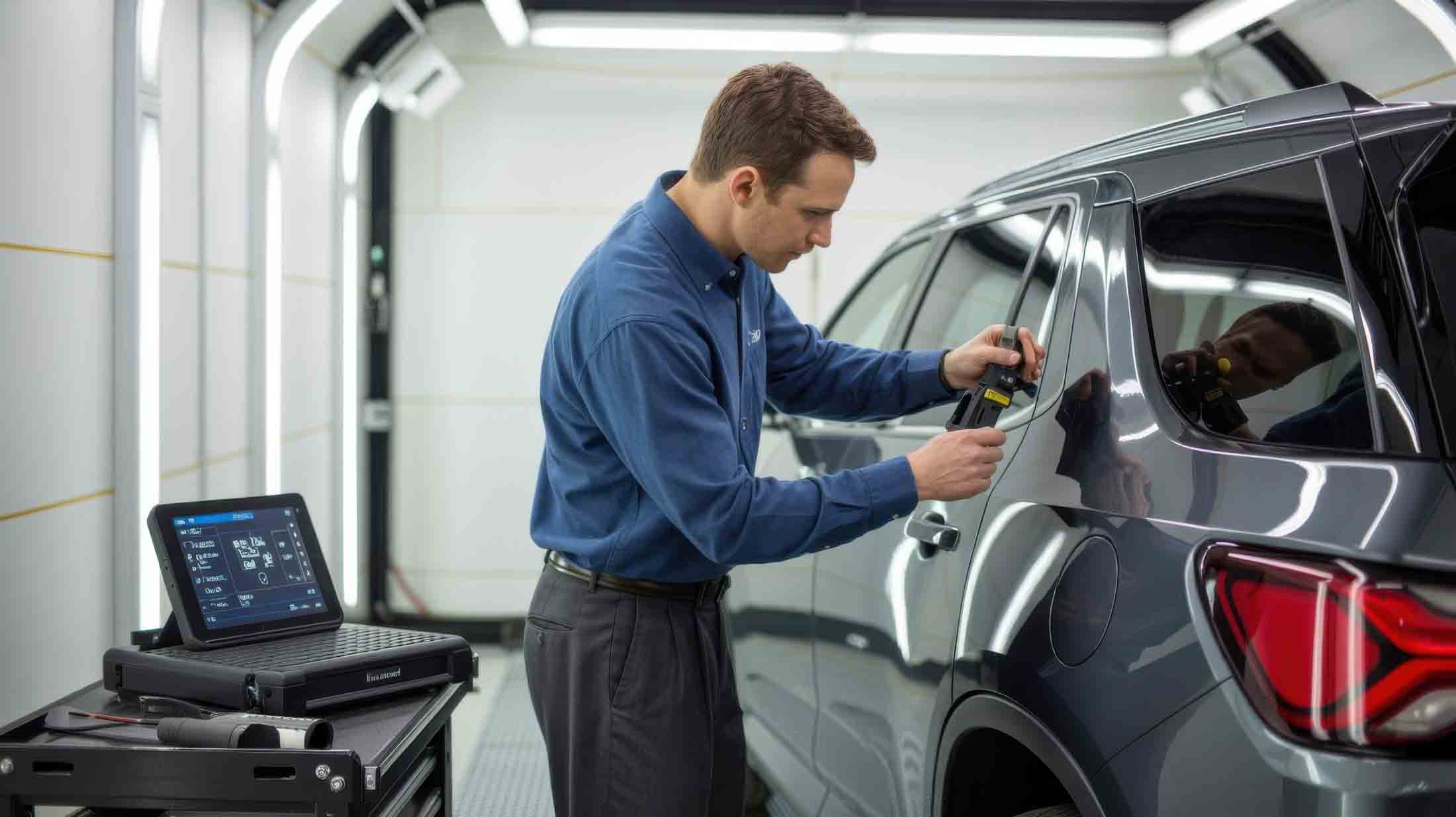 technician going over vehicle and diagnostics - auto body repair - carrillo and sons collision center 