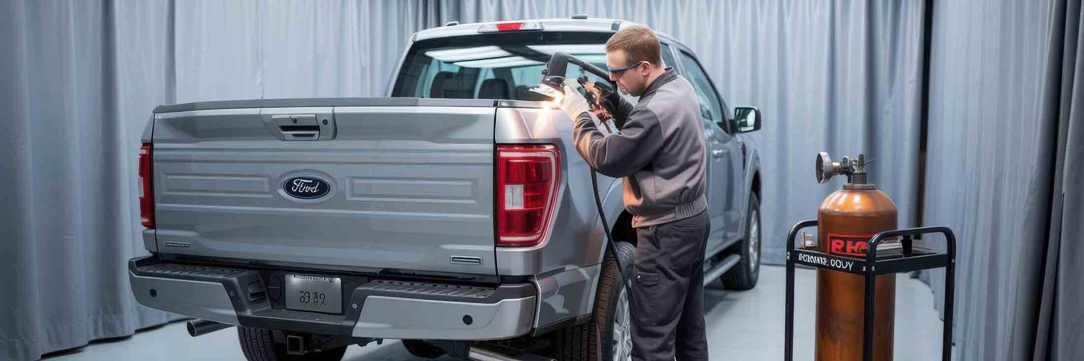 technician looking over ford f150 with light - auto body repair - carrillo and sons collision center