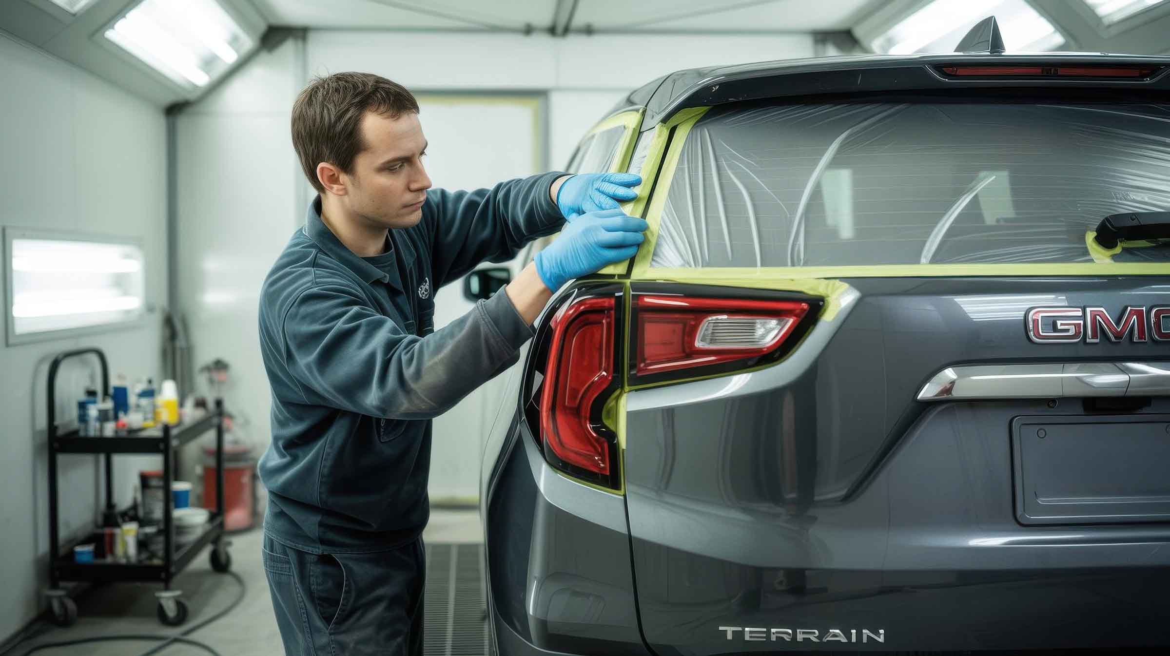Technician prepping gmc suv for paint – gm certified collision center – carrillo and sons collision center Technician prepping gmc suv for paint - gm certified collision center - carrillo and sons collision center