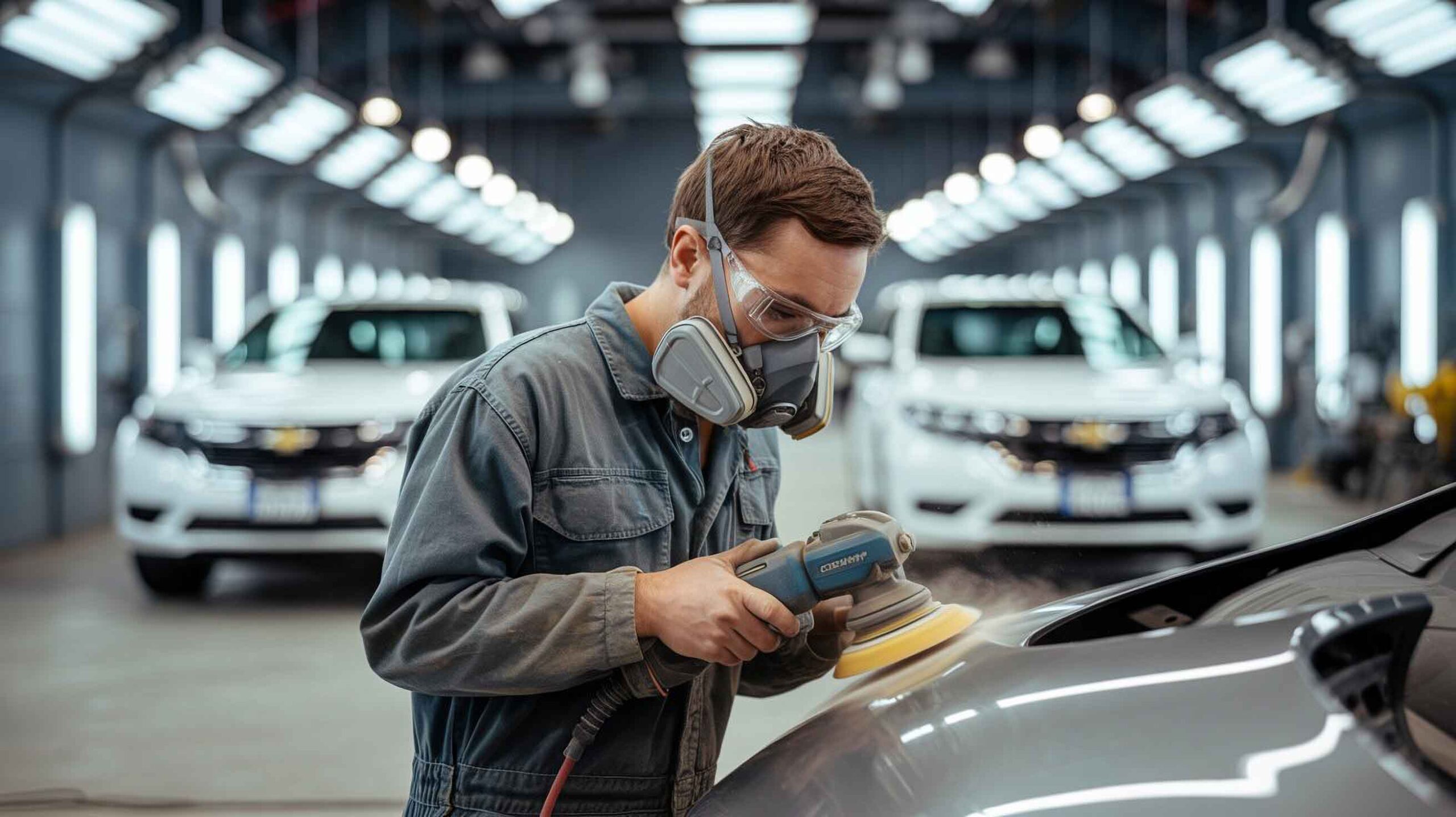 Technician using orbital sander on hood of vehicle – chevrolet certified collision center – carrillo and sons collision center Technician using orbital sander on hood of vehicle - chevrolet certified collision center - carrillo and sons collision center