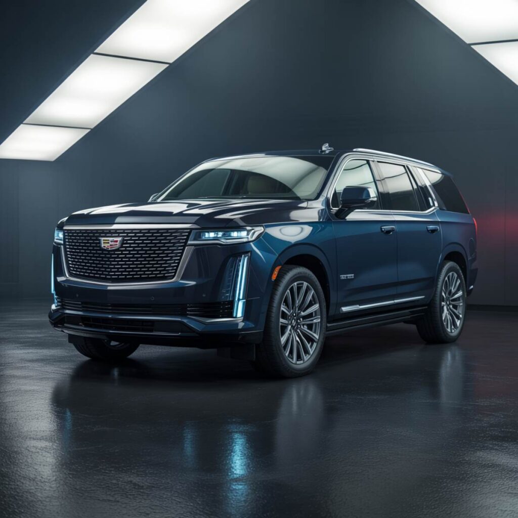 Blue-Cadillac-sitting-under-lights-at-Carrillo-Sons-Collision-Center-San-Diego