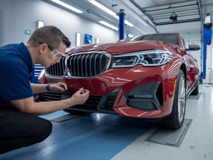 Auto Body Shop tech inspecting bmw