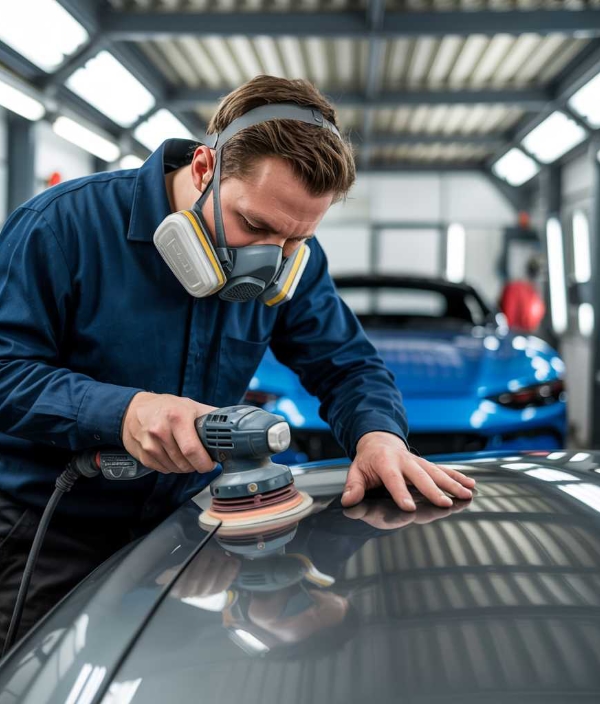 Auto Body Shop tech sanding panel