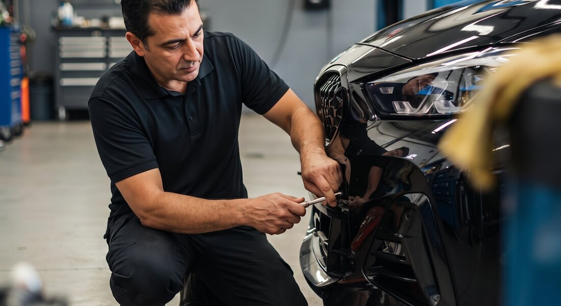 bumper repair tech installing license plate bumper repair tech installing license plate